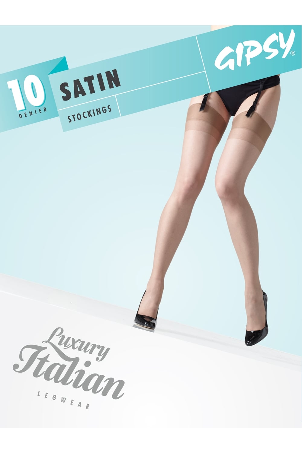 Gipsy satin stockings advertisement with a person wearing natural stockings on a light blue background.