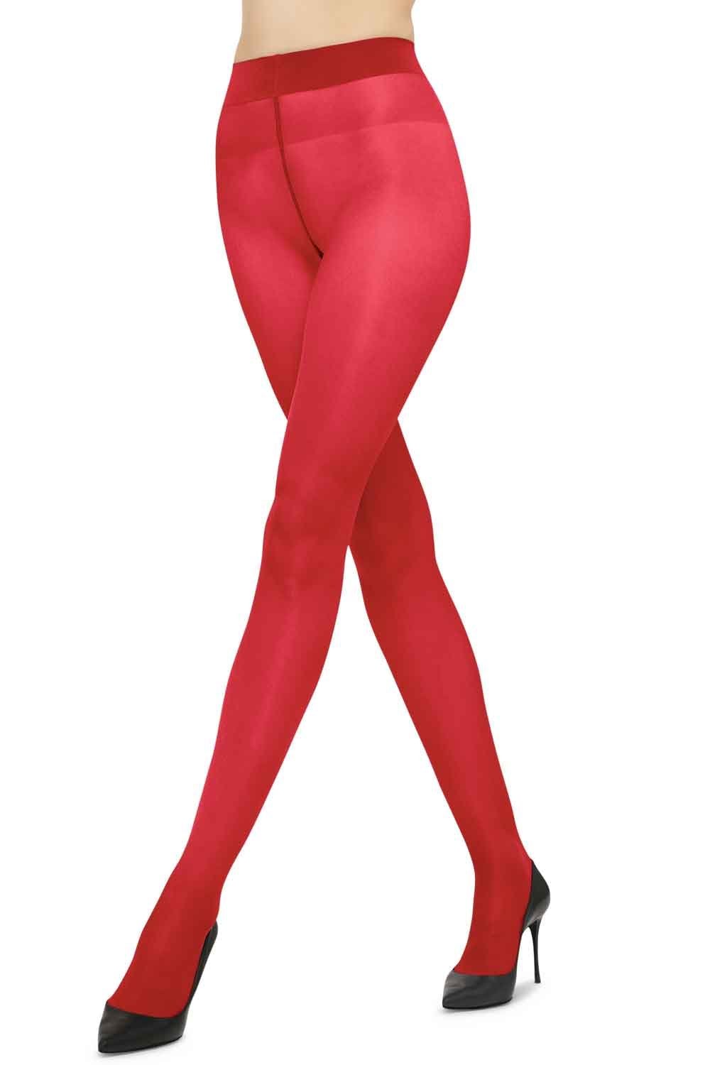 Wolford satin touch 20 cranberry tights worn by a person on a white background
