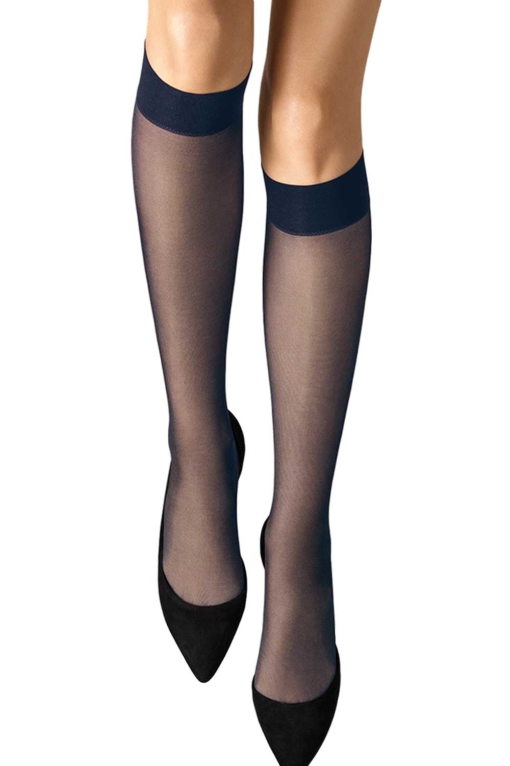 Wolfor nearly black knee highs  with black shoes on a white background