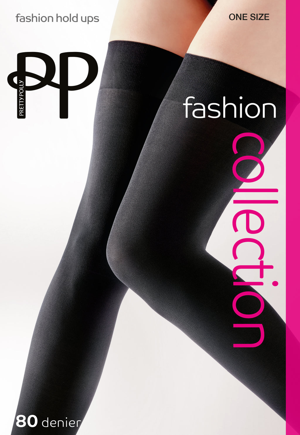 Black fashion hold-ups with 'PP' branding on a light gray background