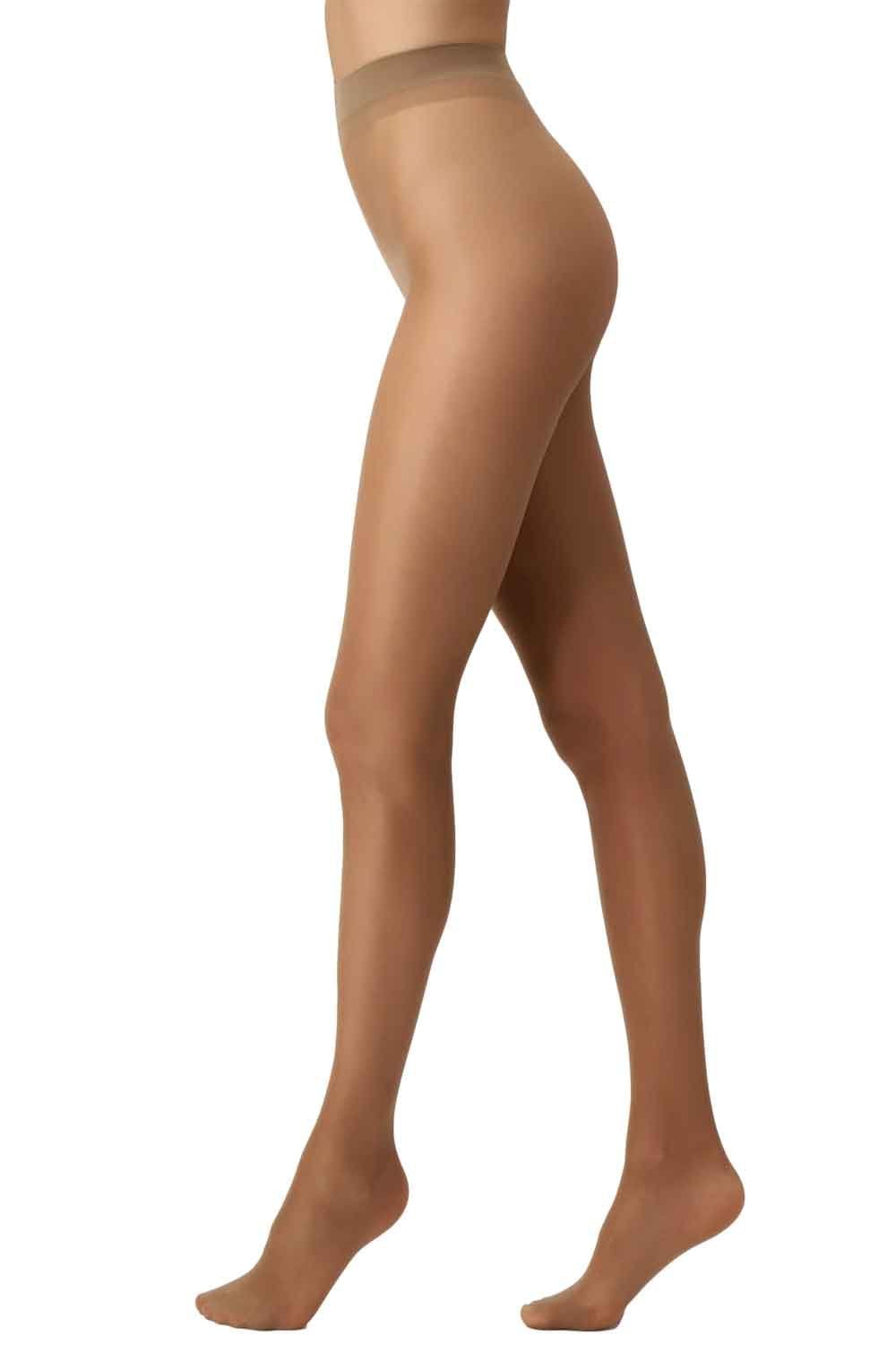 Beige sheer tights  worn by a model on a white background