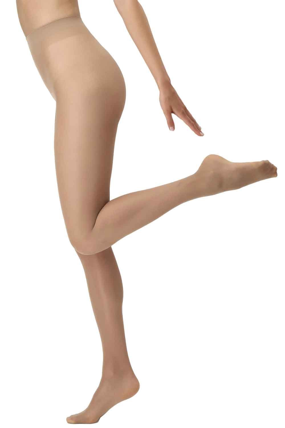 Beige tights worn by a person on a white background