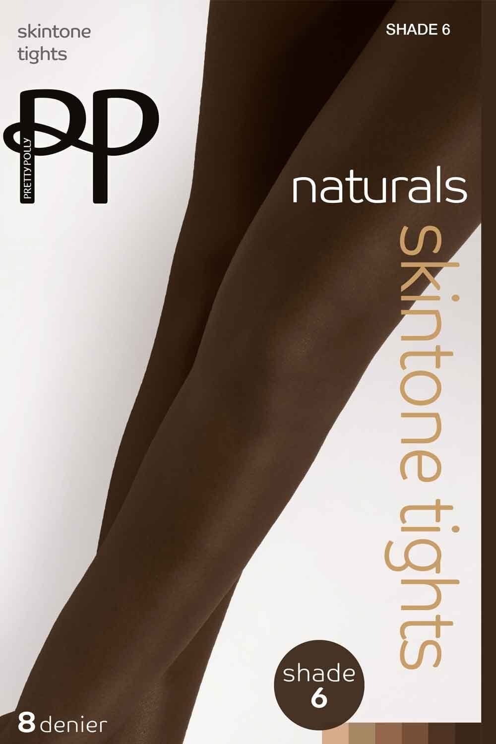 Skintone tights packaging with brand logo and product details on a white background