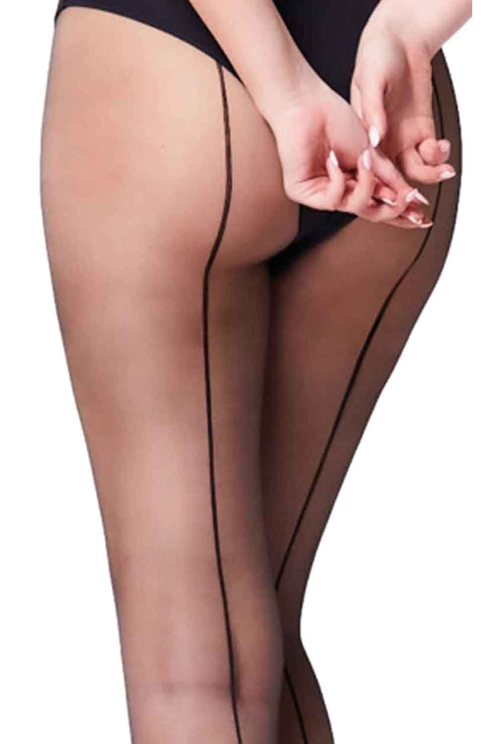 Sheer black backseam tights on a model on a white background