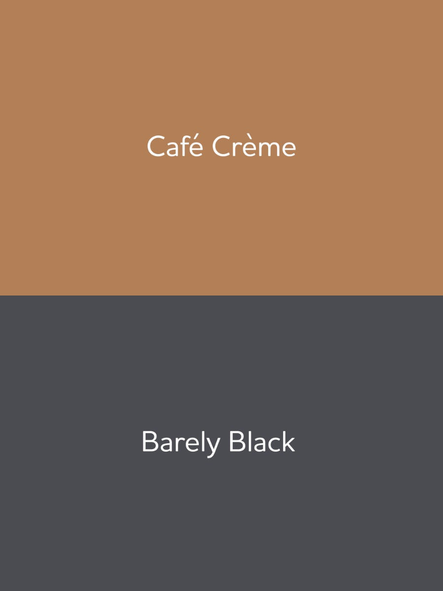 Two color swatches labeled 'Café Crème' and 'Barely Black' on a two-tone background.
