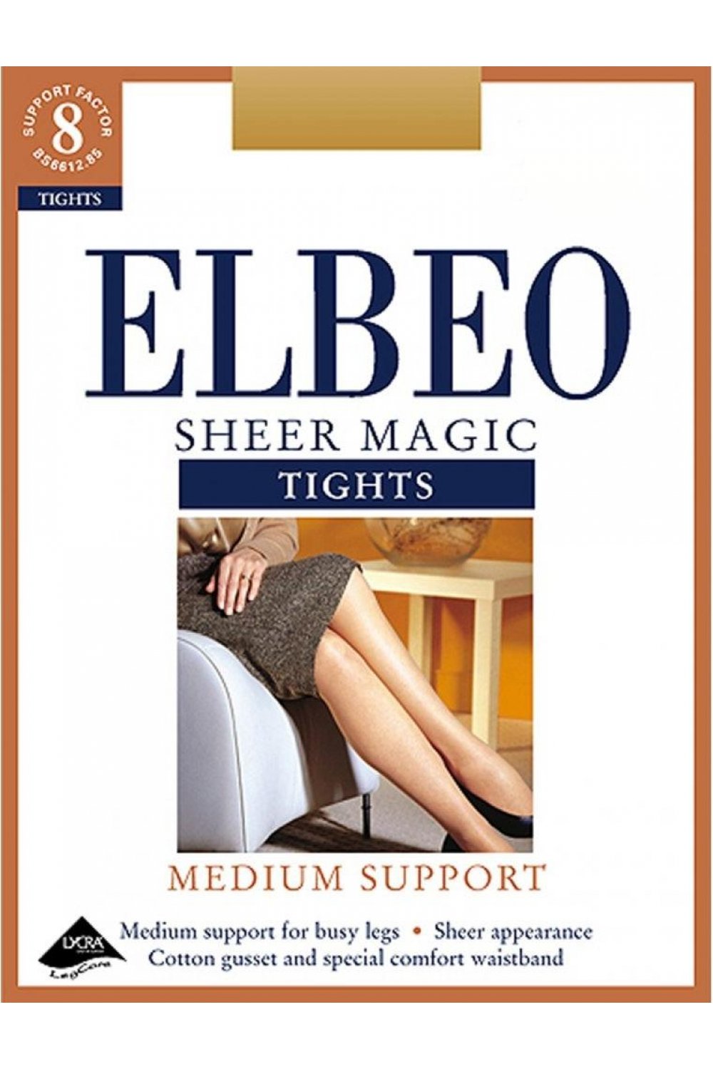 Elbeo sheer magic tights packaging with a model wearing the tights.