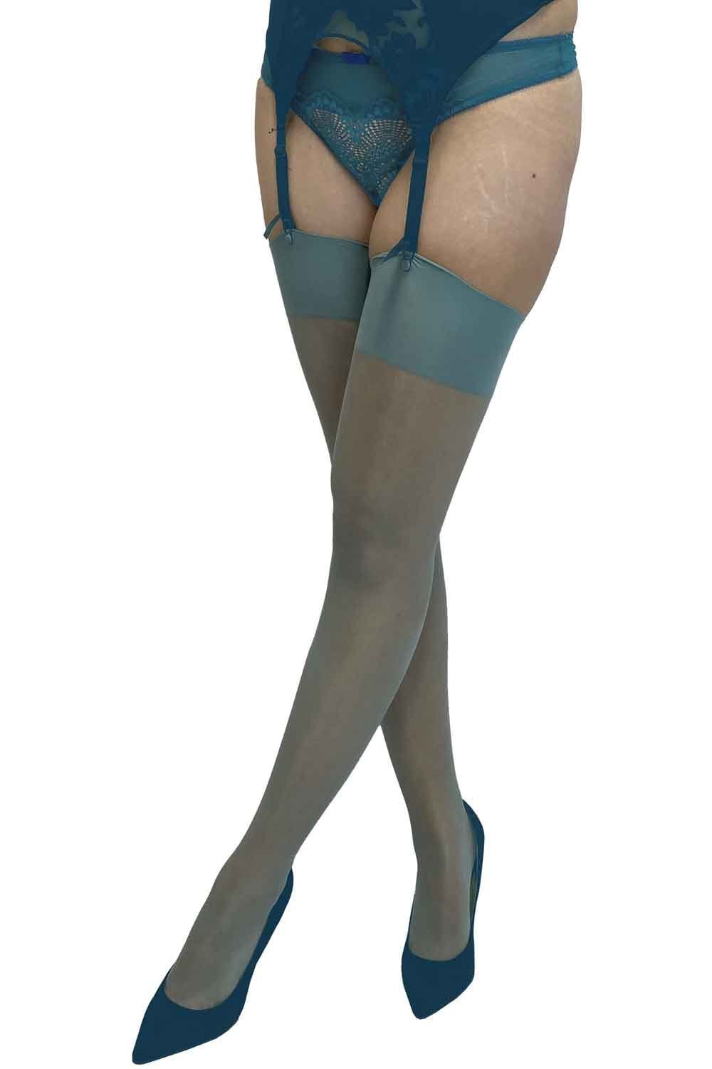 Blue stockings with blue accents worn by a person on a white background