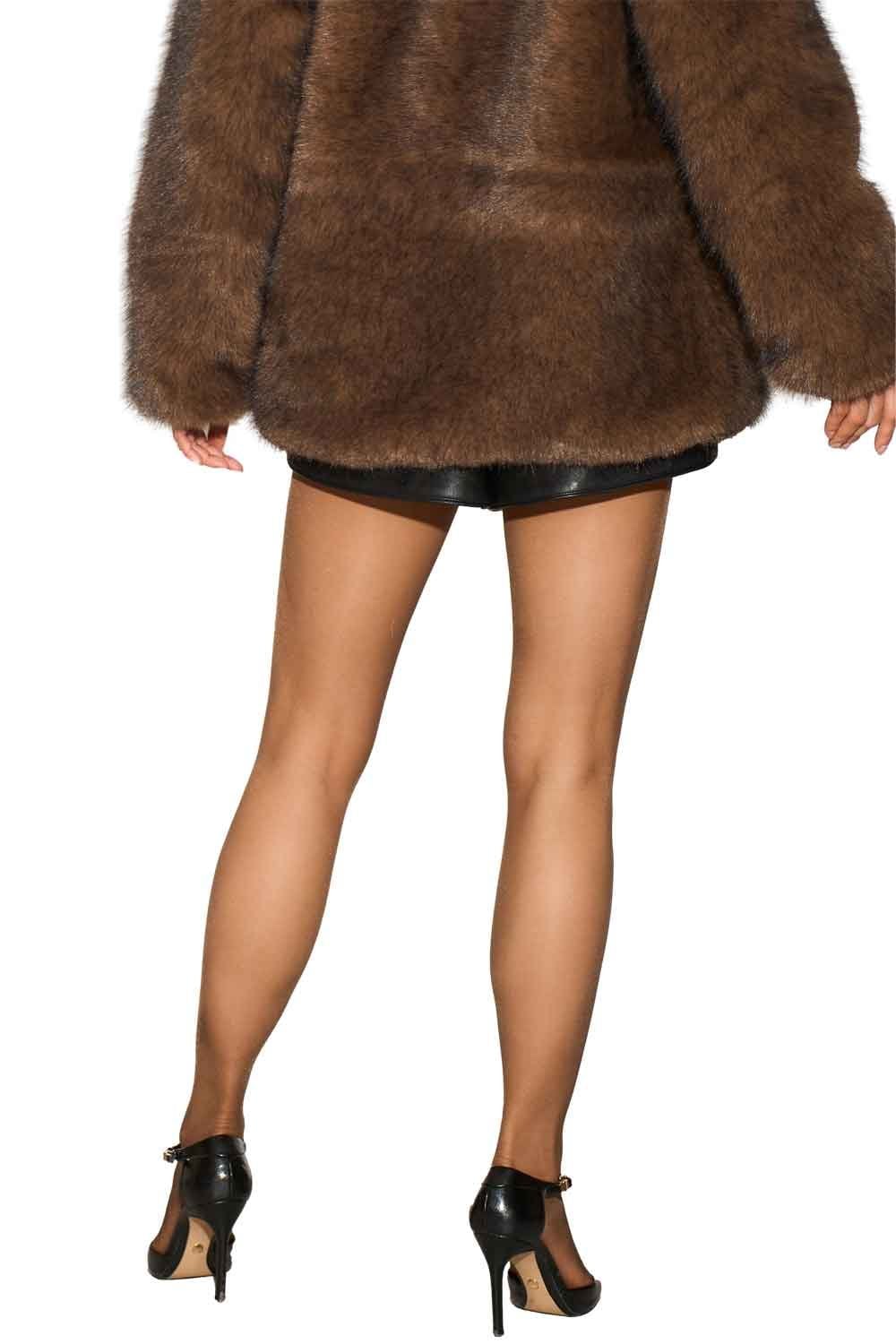 Brown coat with a model wearing sheer brown tights  and black high heels on a white background