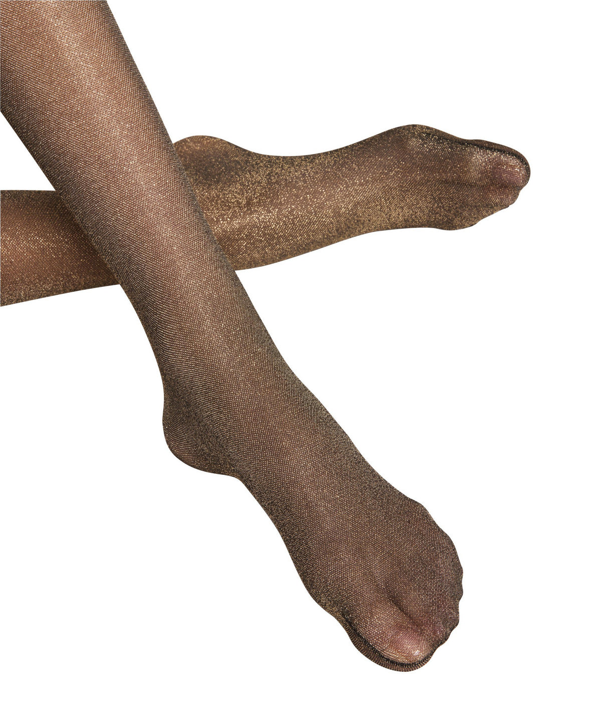 Back/gold glitter tights worn by a person on a white background