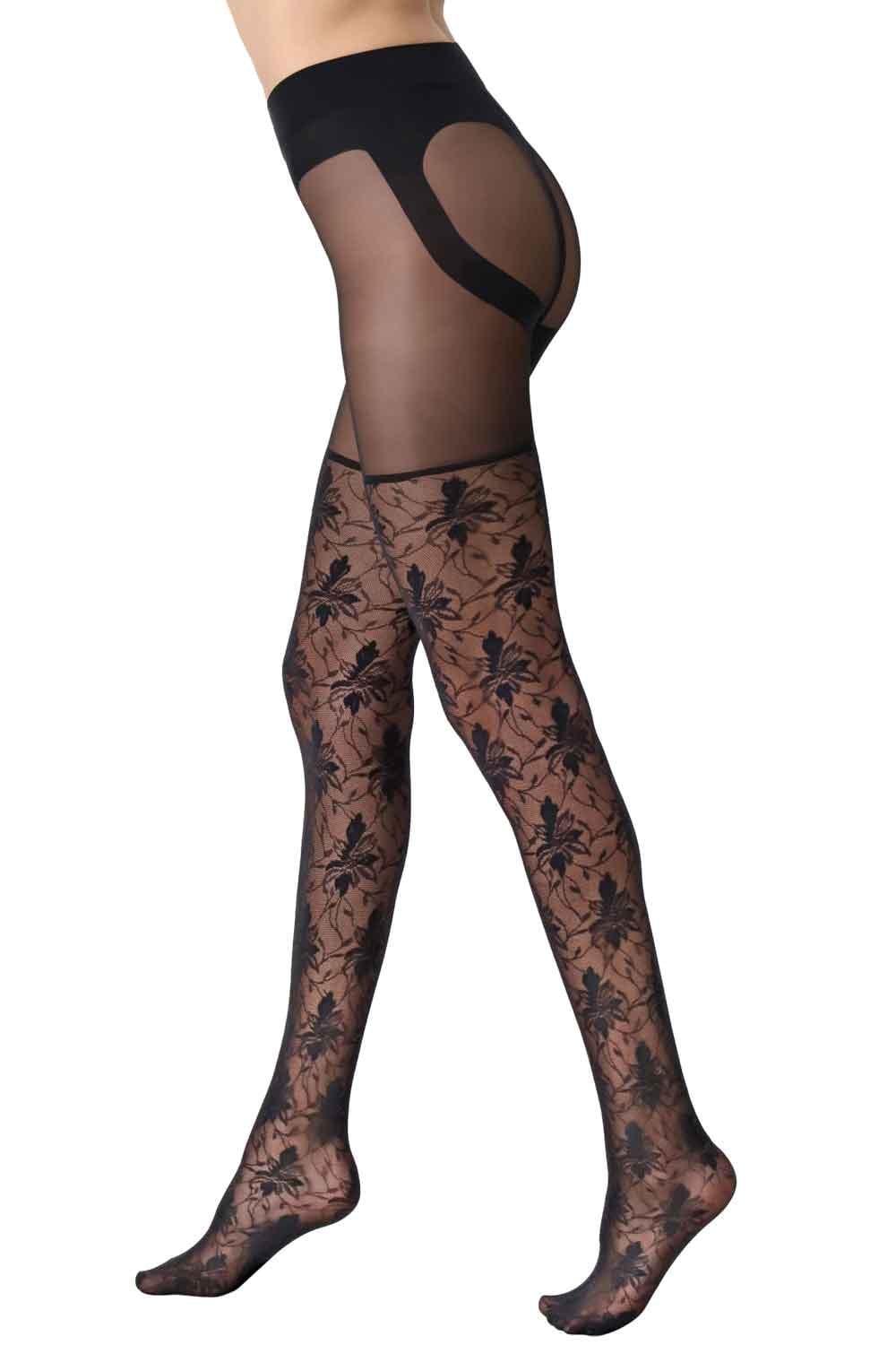 Black lace design tights on a white background