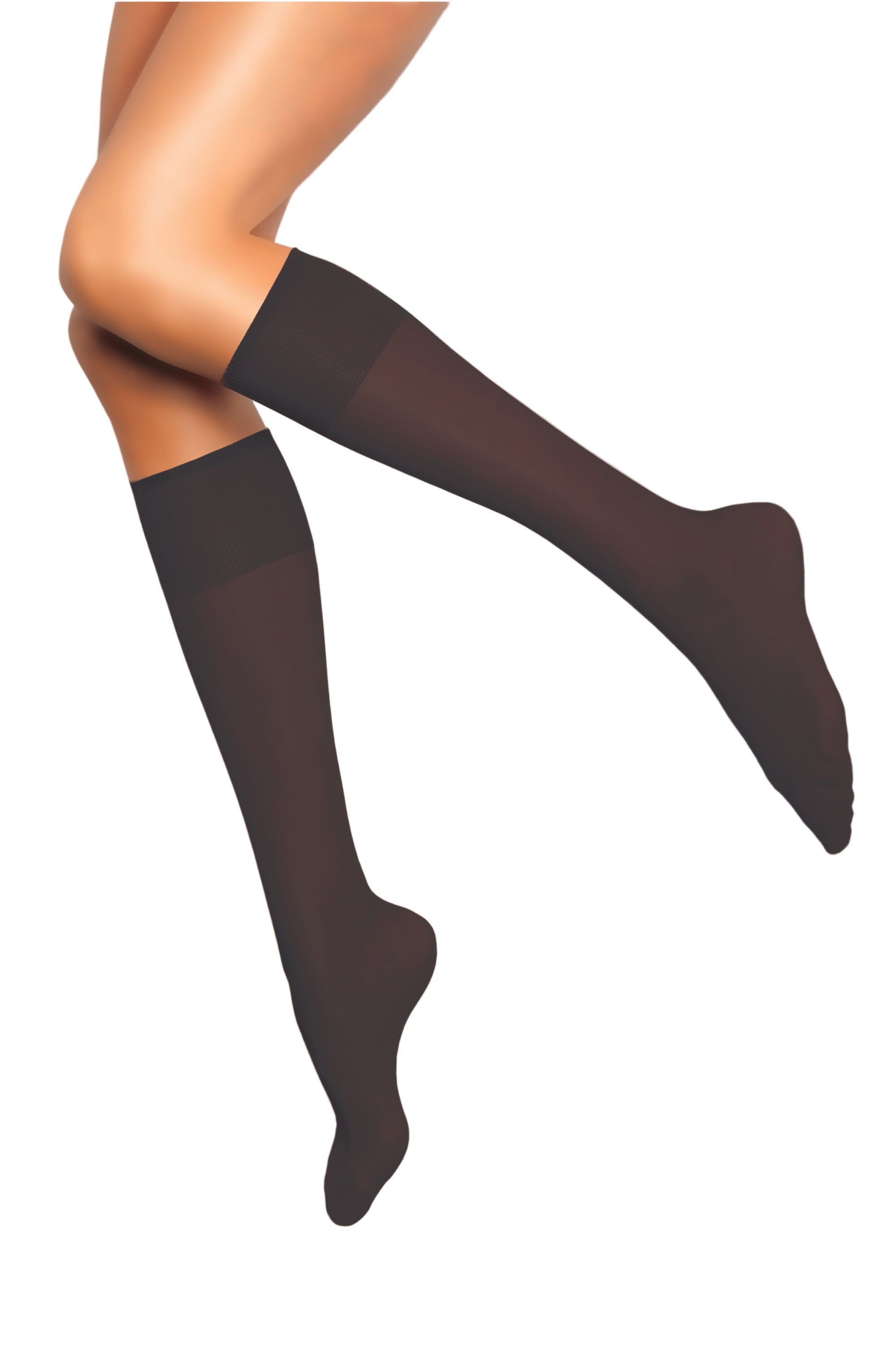 Barely black knee-high socks worn by a person on a white background