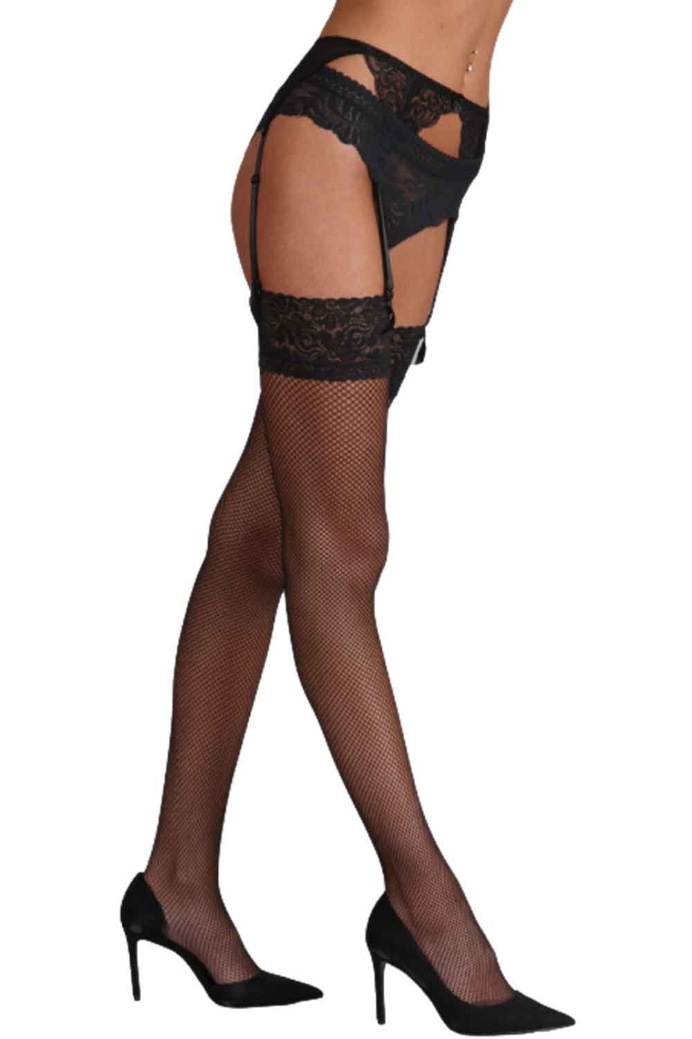Black lace top fishnet stockings on a white background