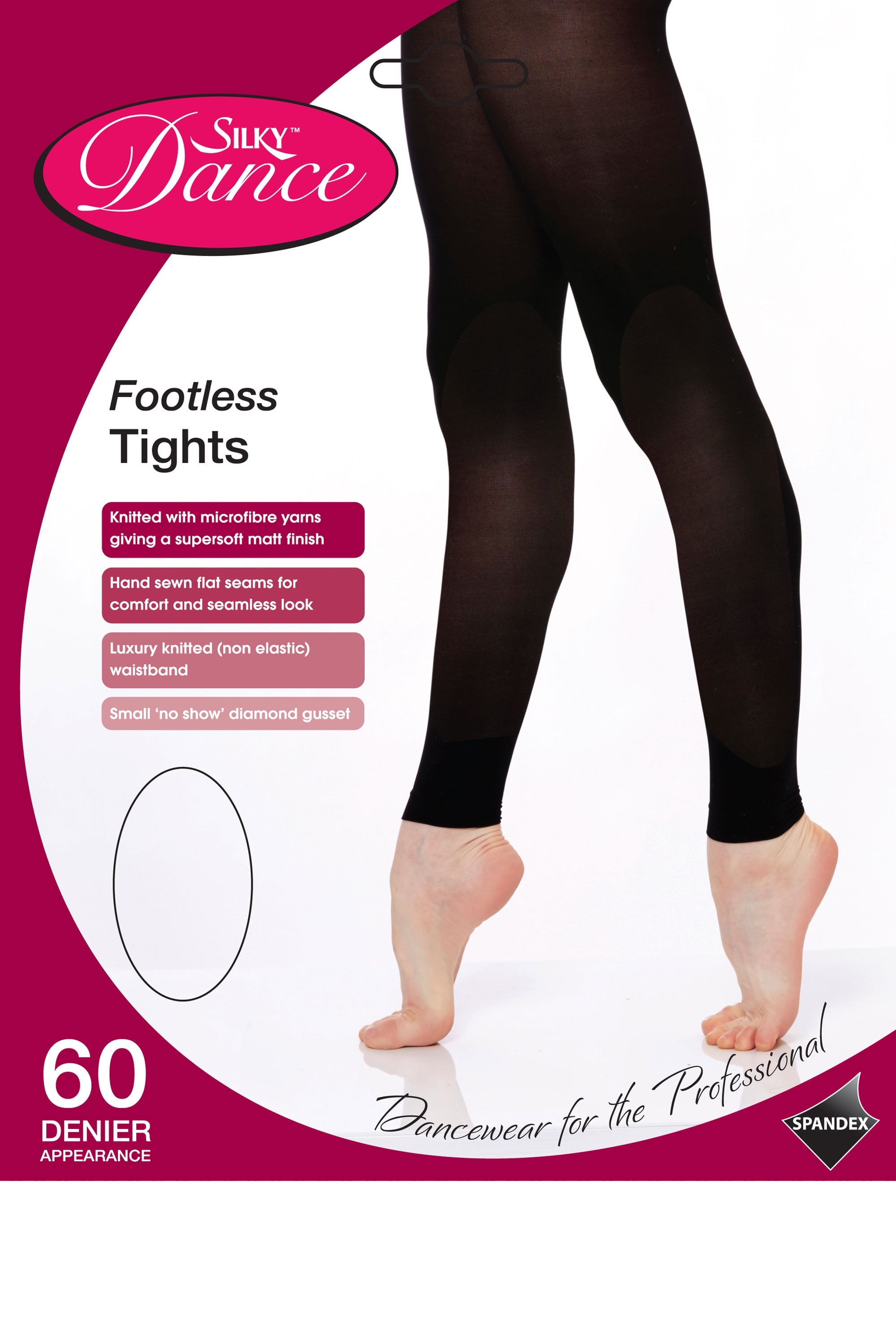 Silky Dance footless tights packaging with black tights on a white background