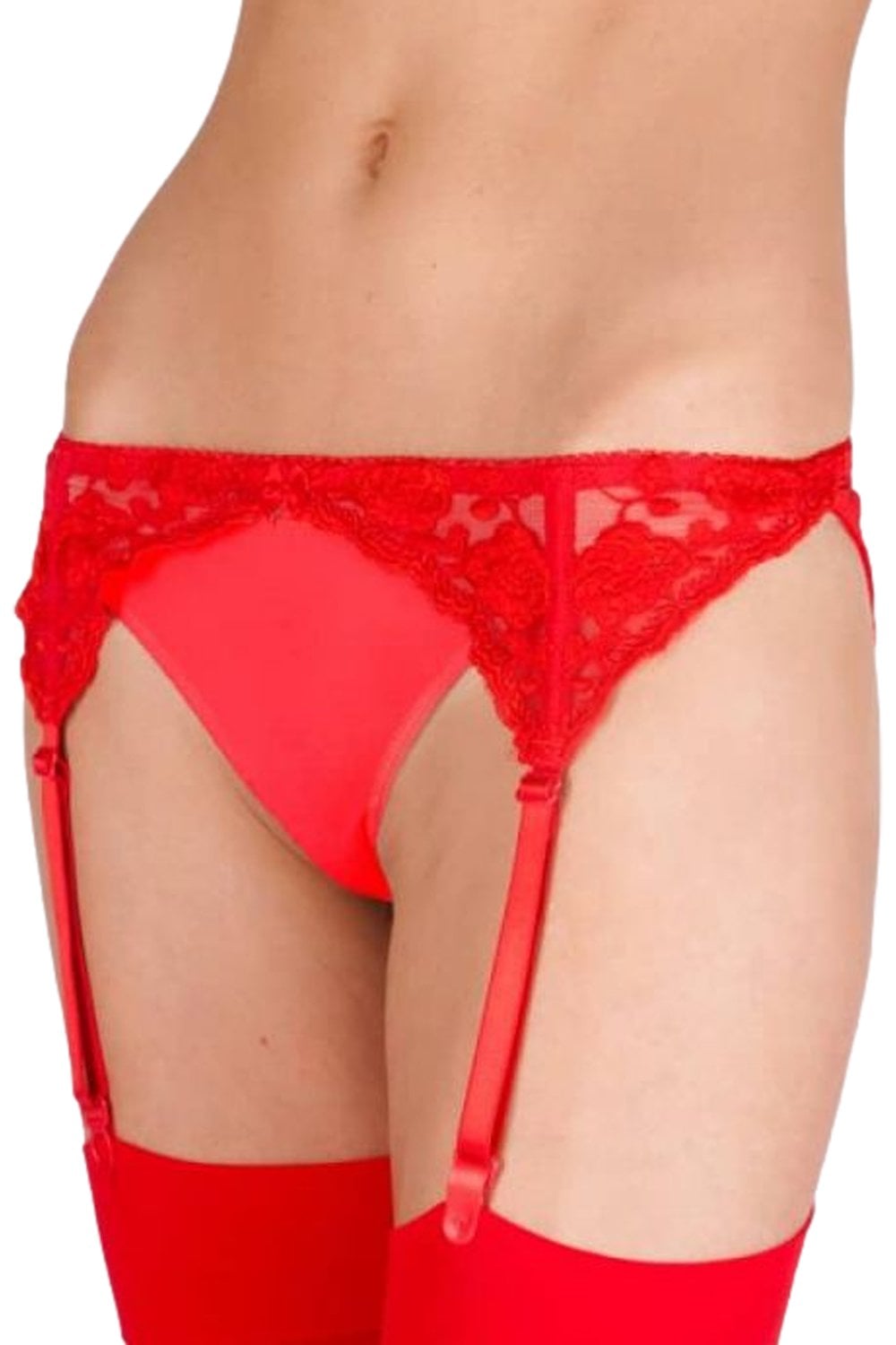 Silky red lace narrow suspender  belt on a white background