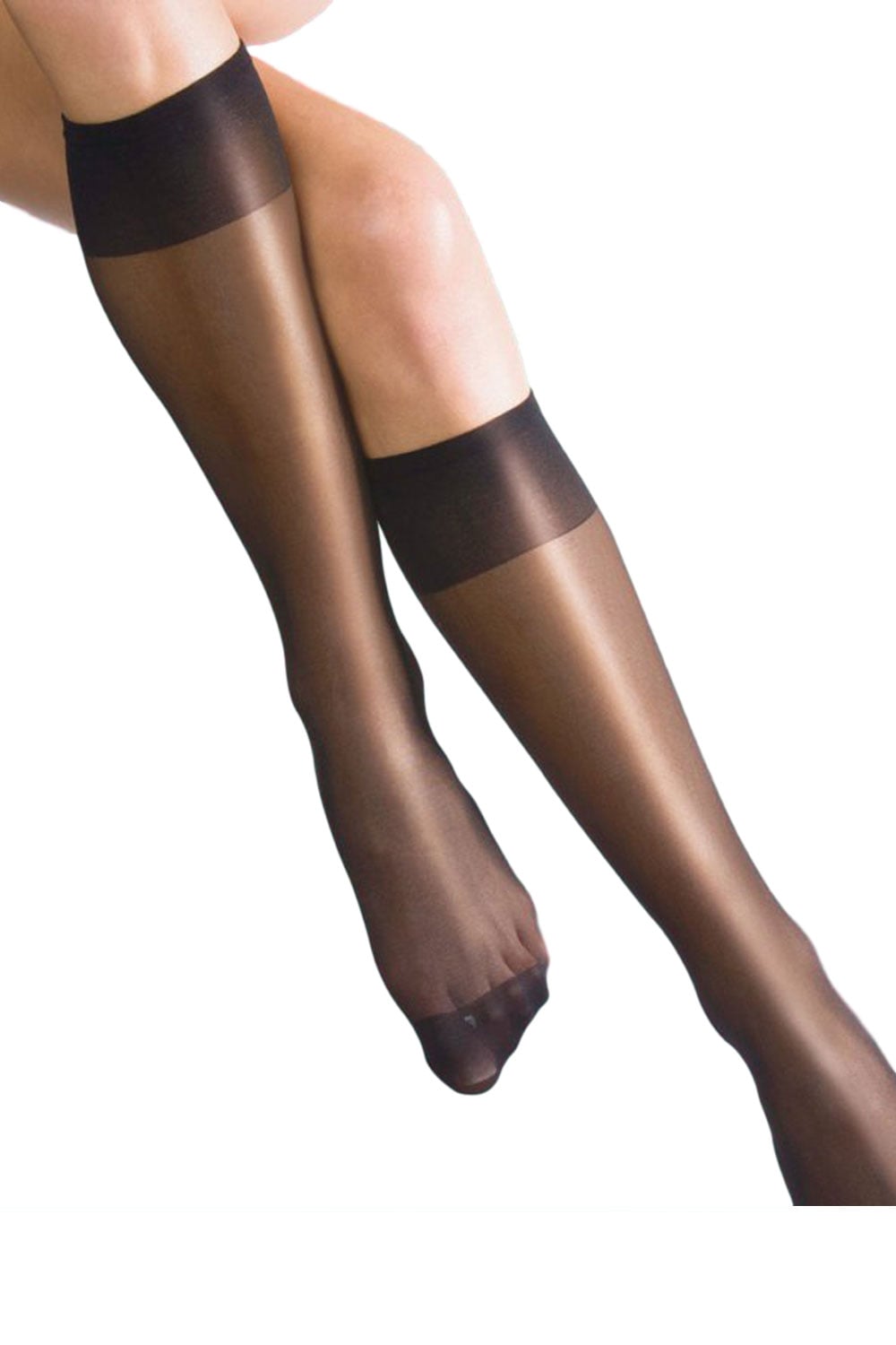 Silky shine knee highs worn by a person on a white background