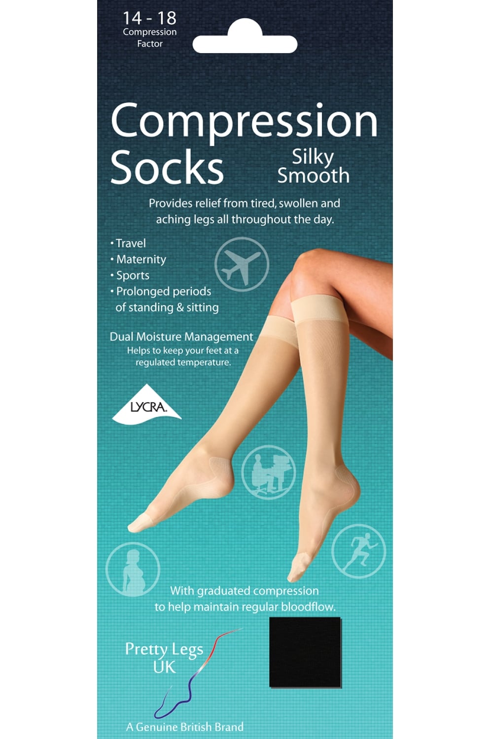 Compression socks packaging with a person wearing the socks on a teal background