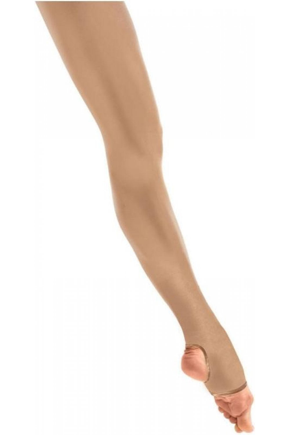 Silky stirrup shimmer dance tights in toast on a white background