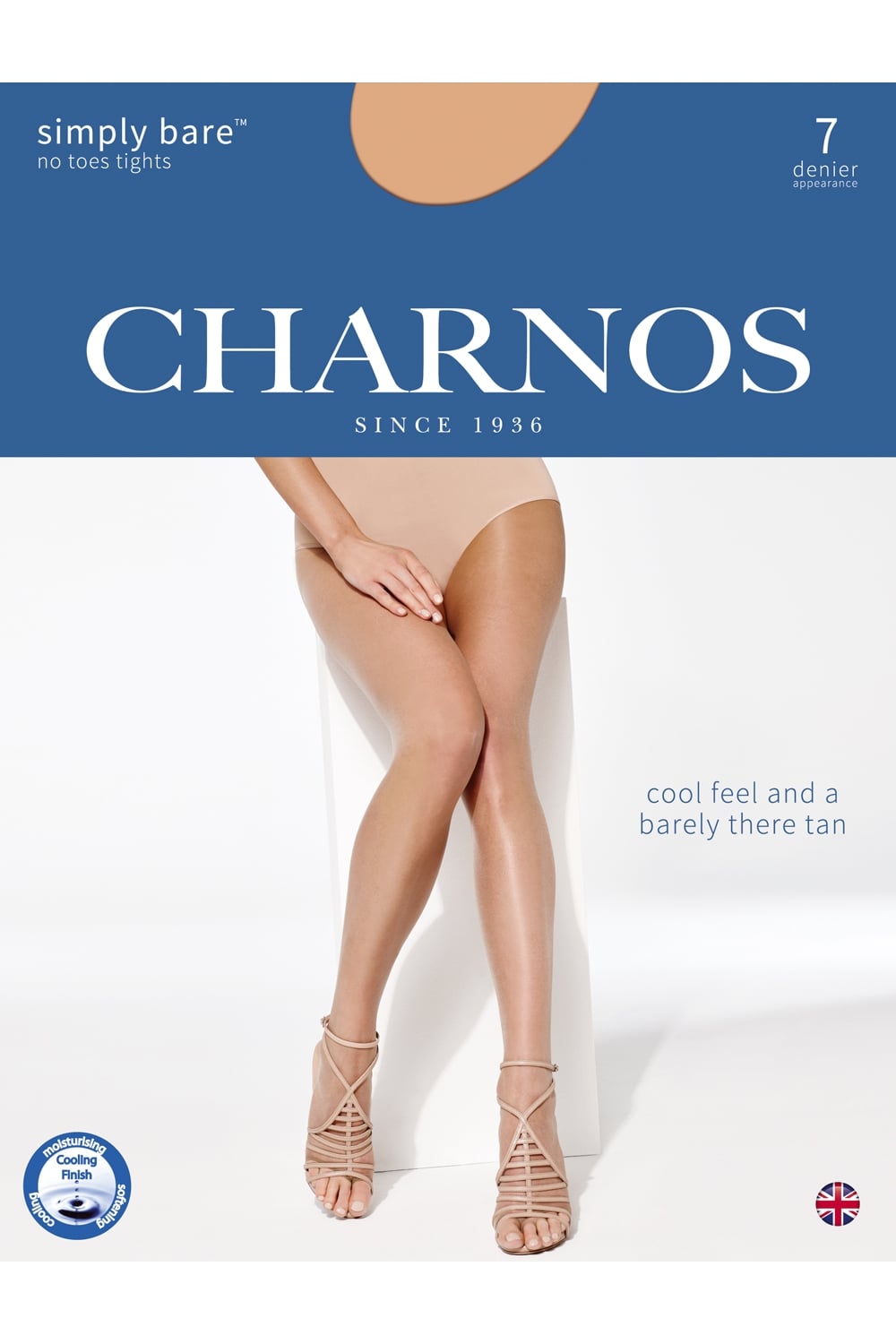 Charnos sheer simply bare 7 denier no toe tights packaging with a model wearing the product. 