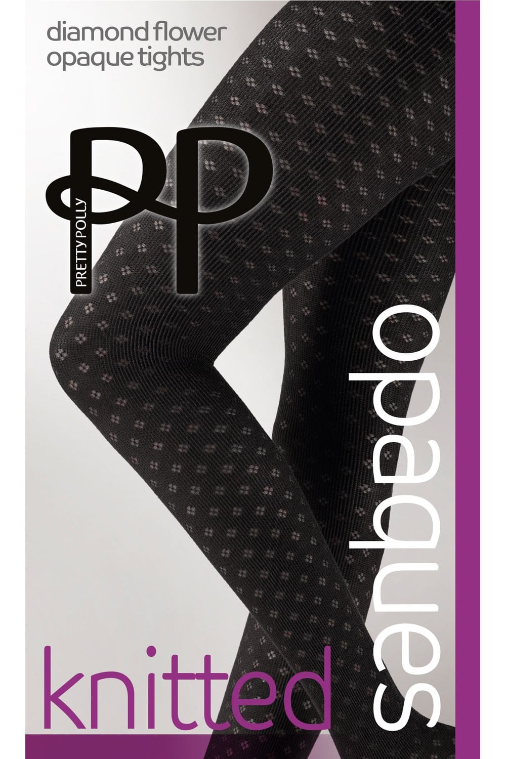 Packaging of Pretty Polly diamond flower opaque tights with brand logo.