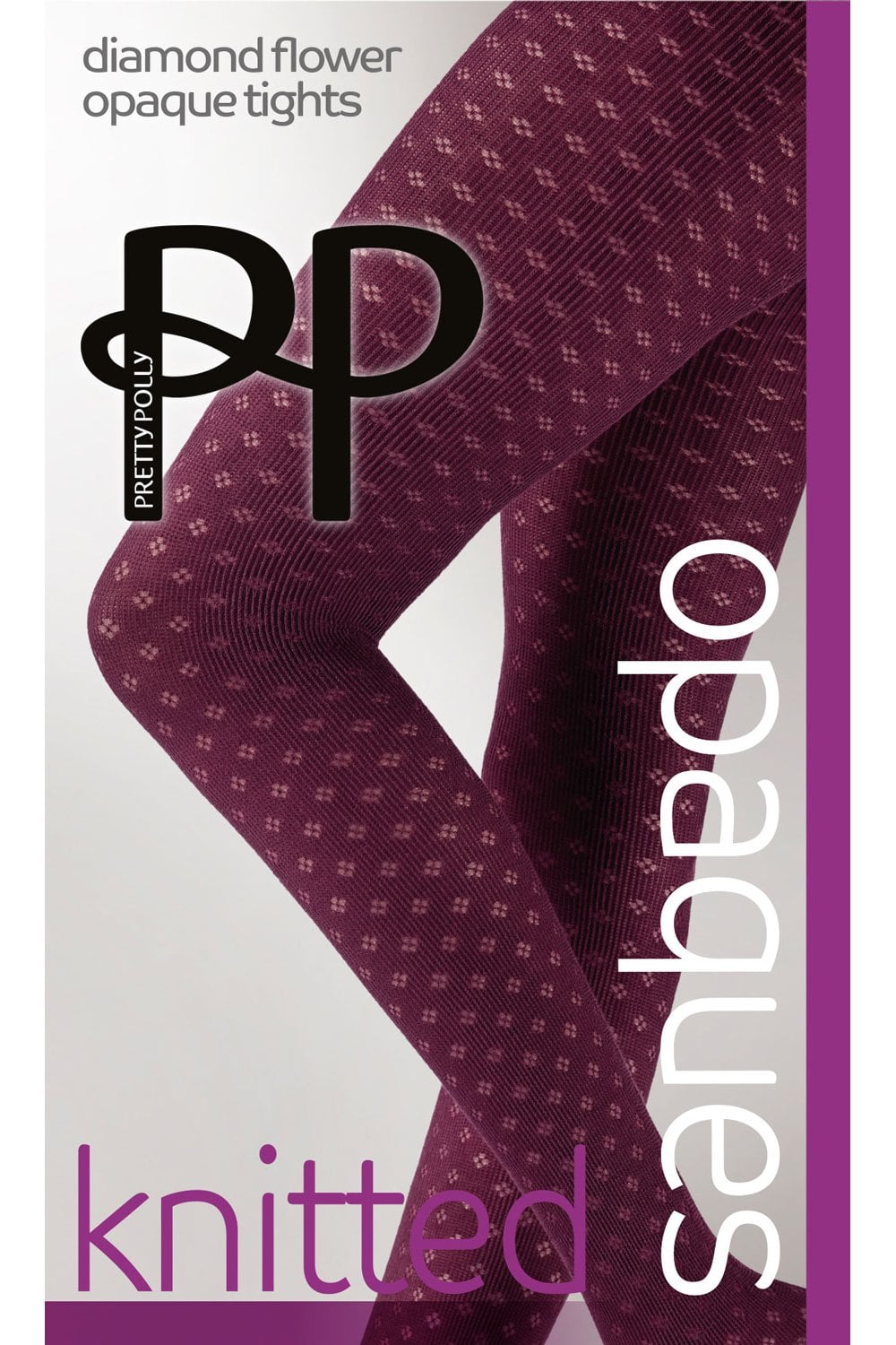 Pair of burgundy opaque tights with a brand logo on a white background