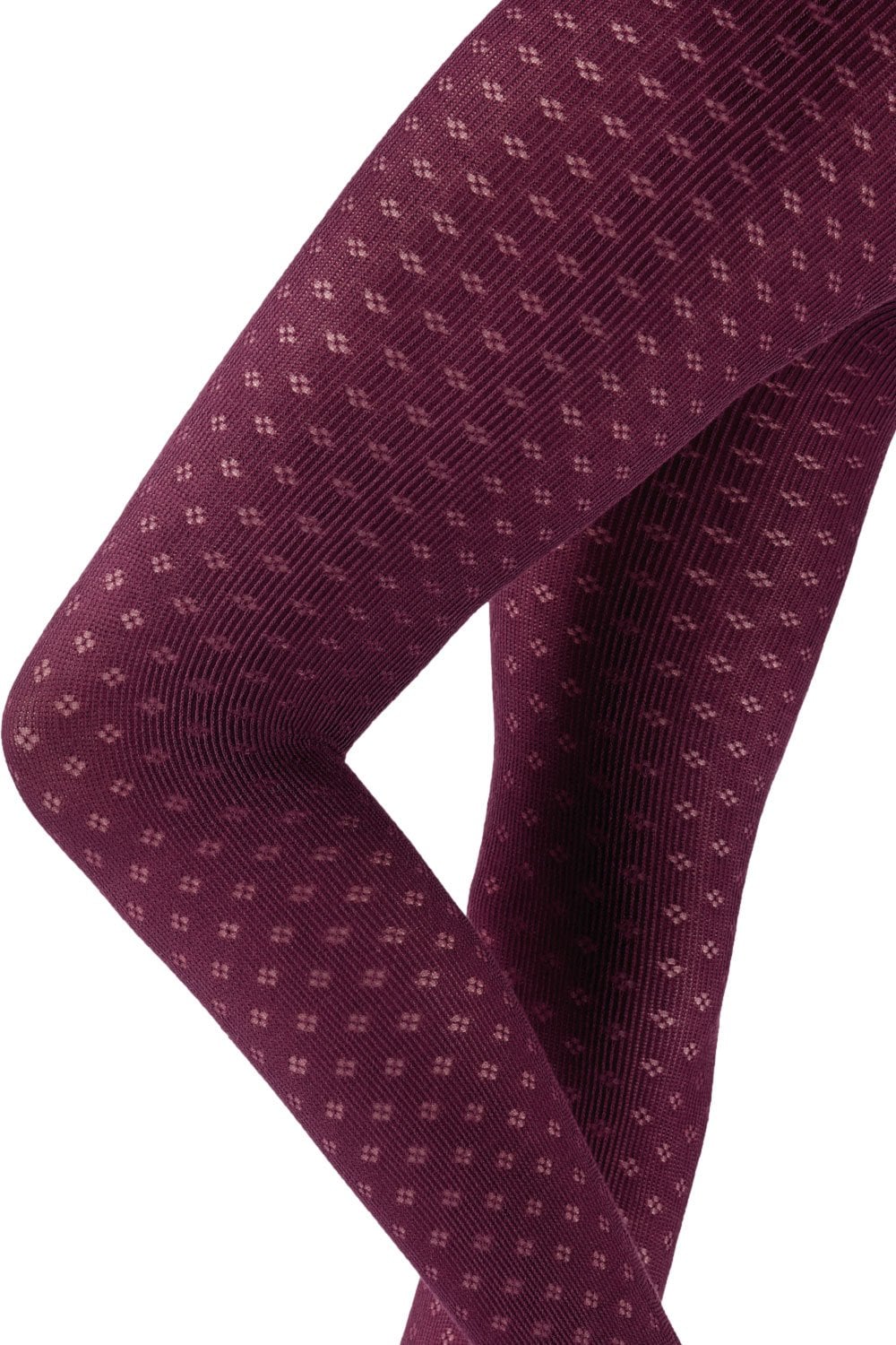 Close-up of burgundy  tights with a subtle pattern on a white background