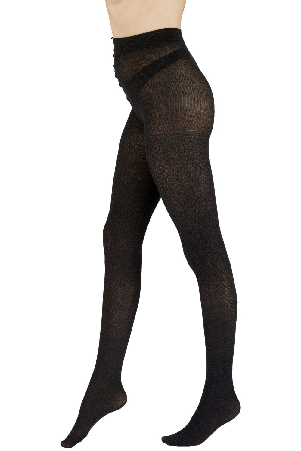 Charcoal coloured  tights worn by a person on a white background