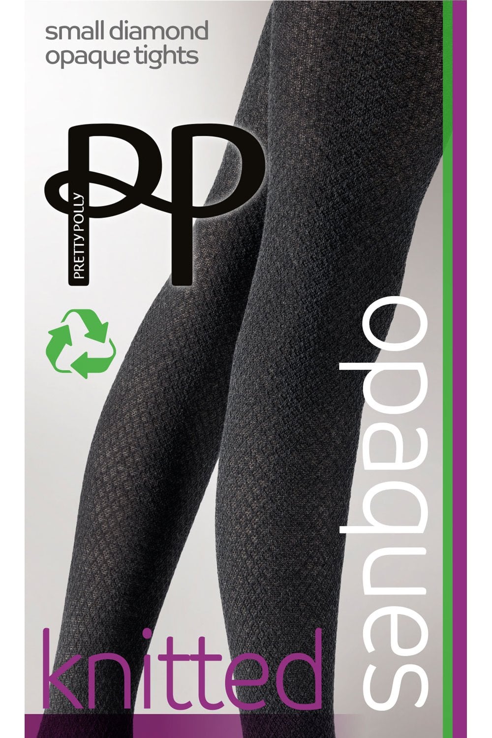  Opaque tights with small diamond pattern and   packaging with 'Pretty Polly' branding on a white background