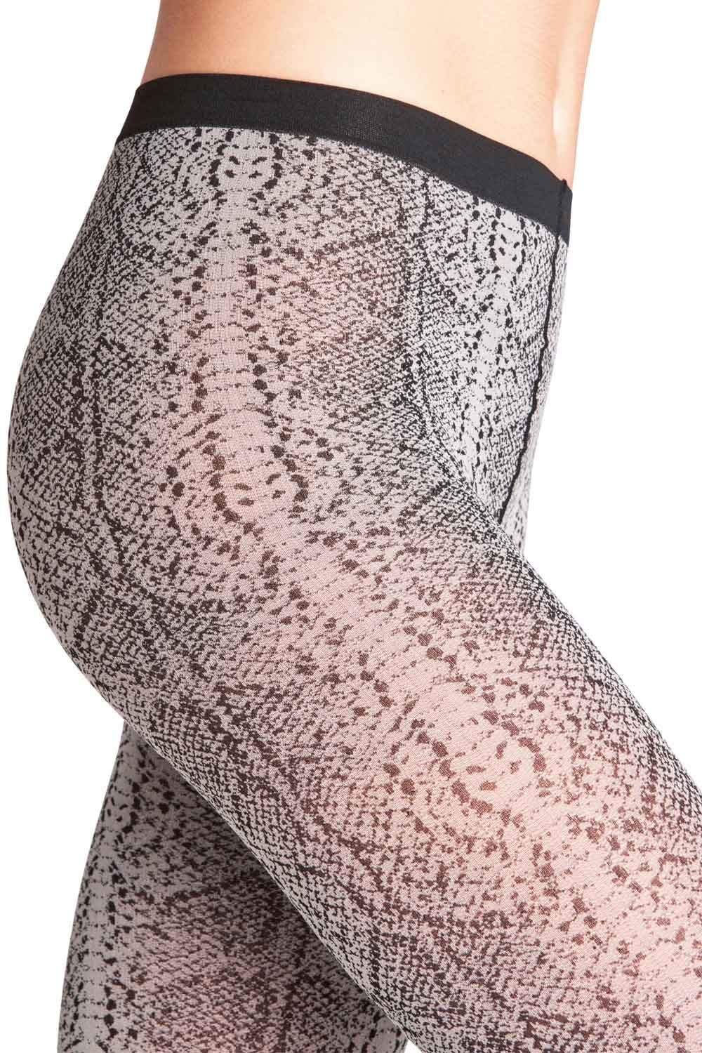 Snake print tights with a black waistband on a white background