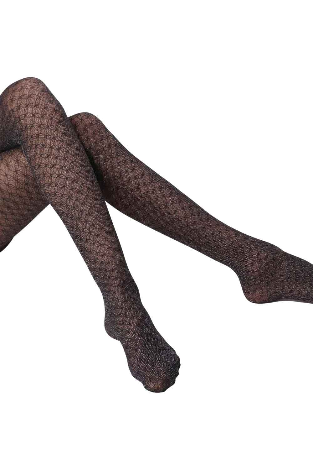 Black lace patterned tights on a white background