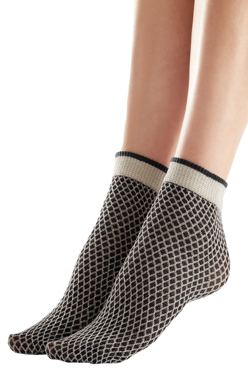 Black and silver  patterned net effect socks worn by a person on a white background