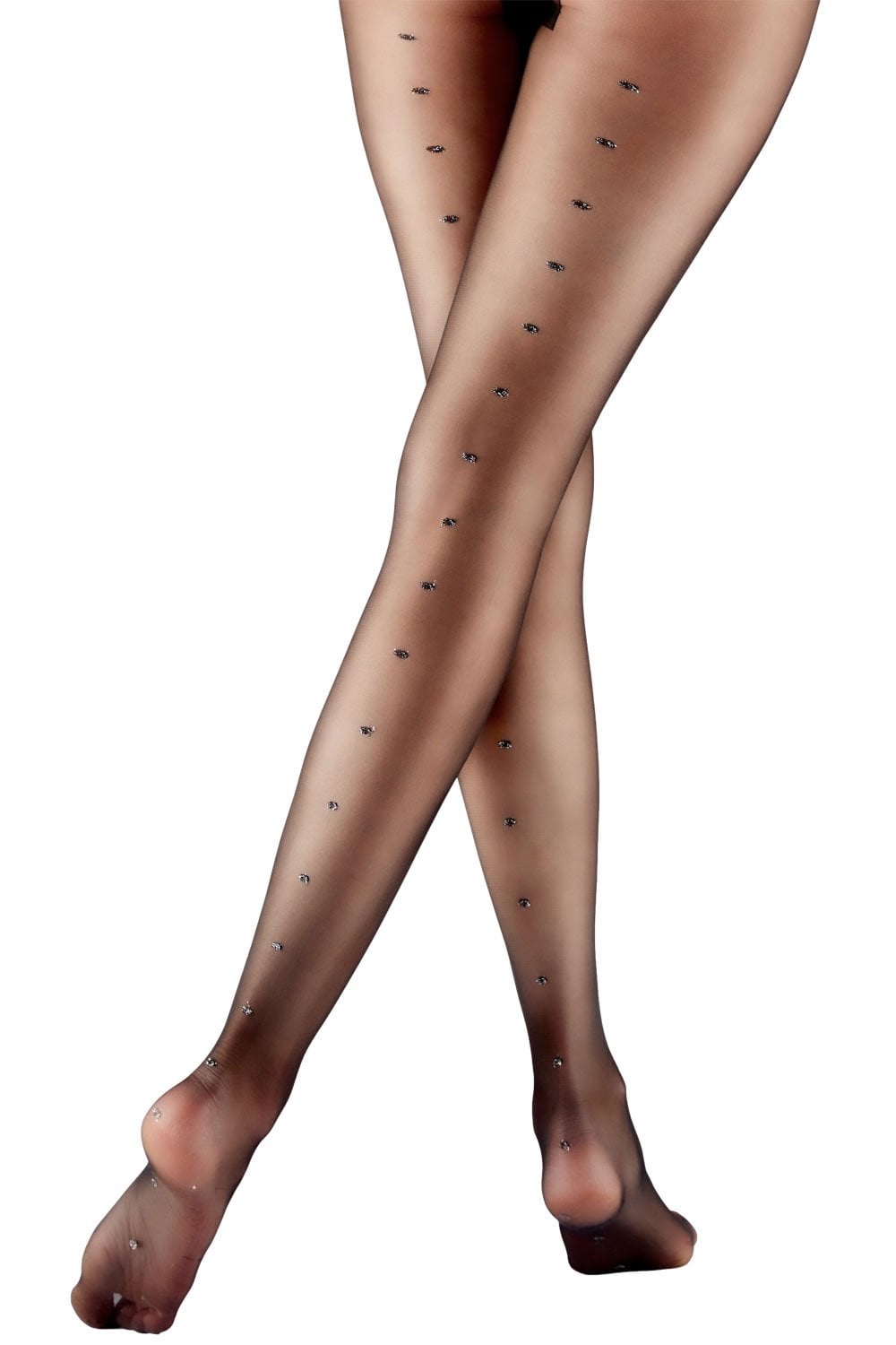 Tights with a sparkly backseam on a white background