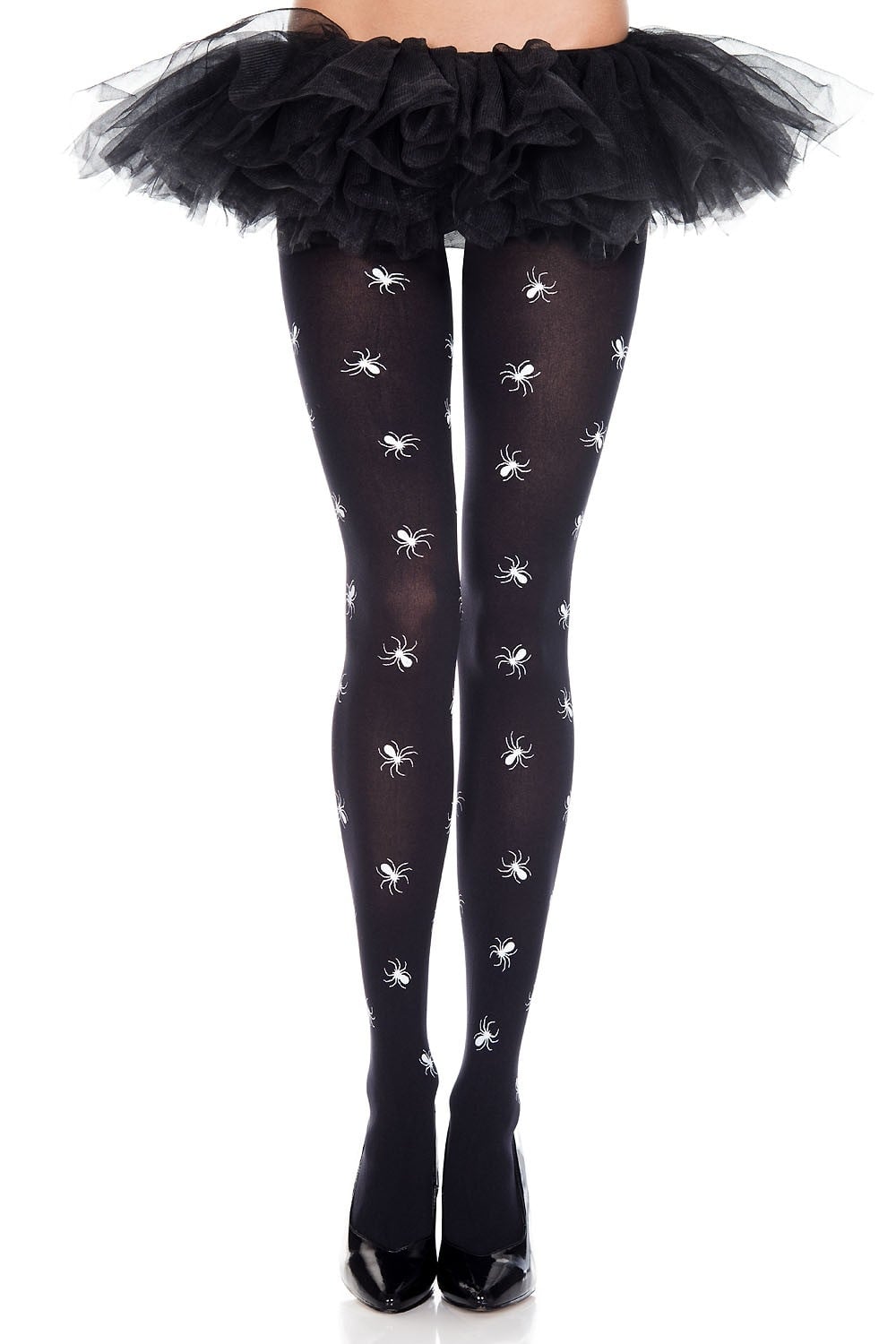 Black tights with spider pattern worn with a black tutu on a white background