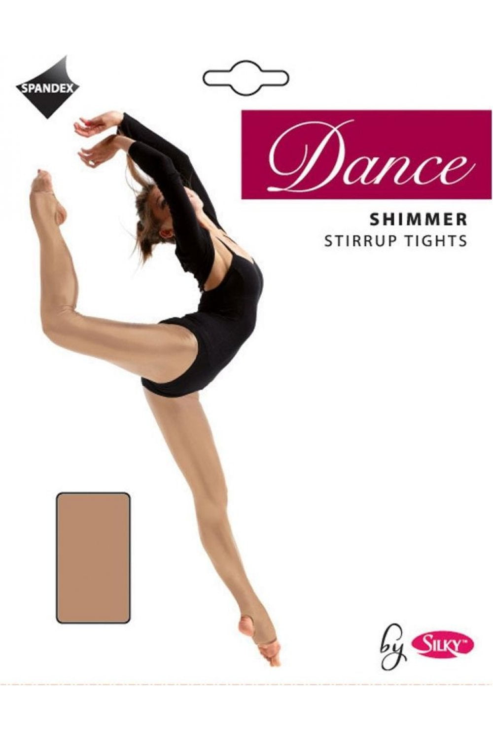 Silky Dance Shimmer Stirrup Tights packaging with a dancer and brand logos.