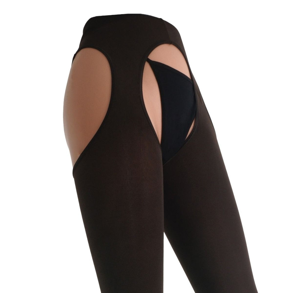 Marrone coloured suspender tights on a white background
