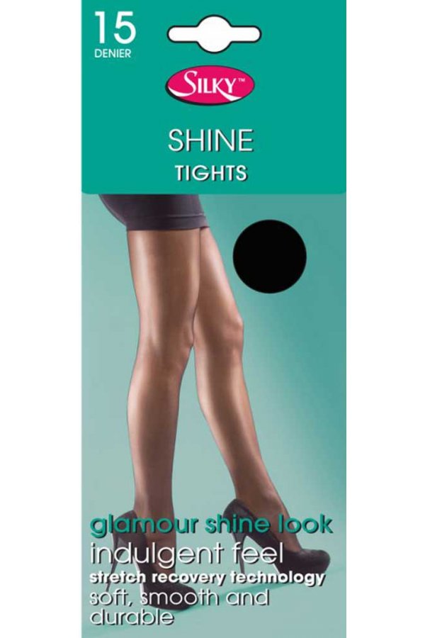 Silky shine tights packaging with a person wearing tights on a light green background