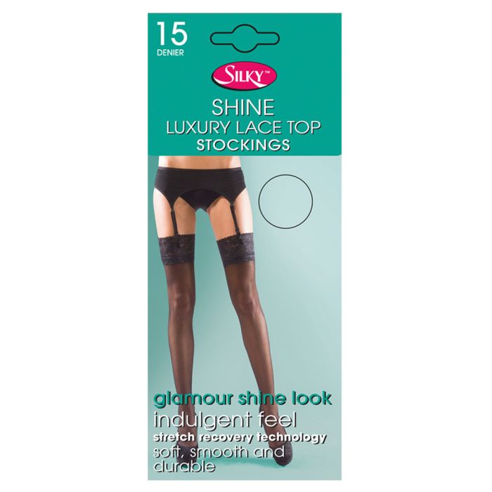 Silky shine luxury lace top stockings packaging on a white background
