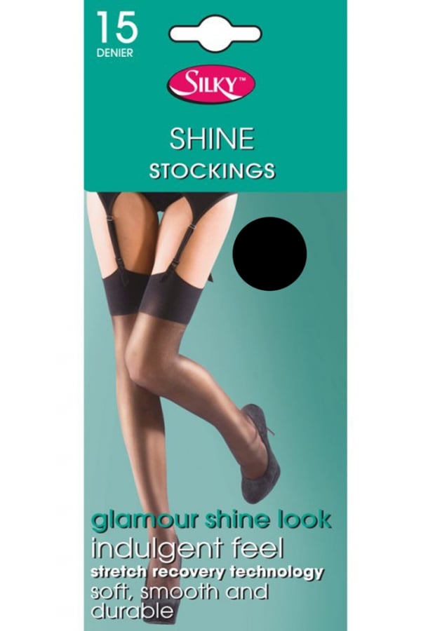 Silky shine stockings packaging with a model wearing the stockings.