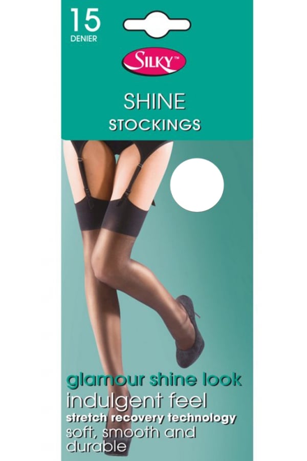 Silky shine stockings packaging with a teal background