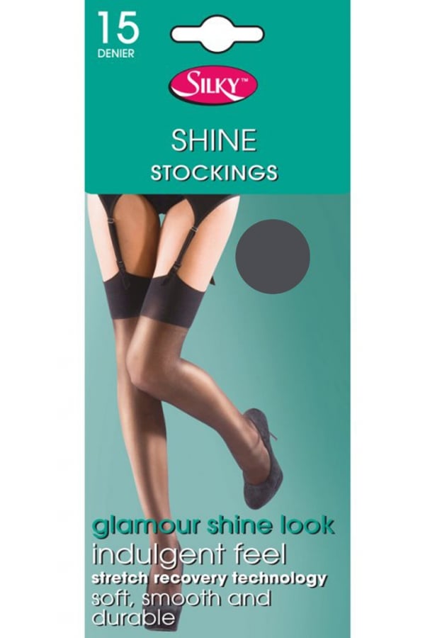 Silky shine stockings packaging with a person wearing black stockings on a teal background