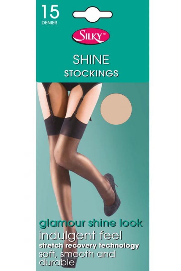 Silky shine stockings packaging with a teal background