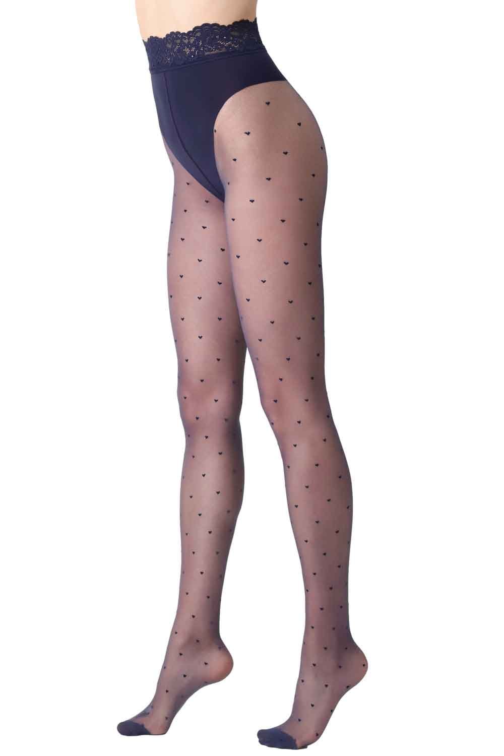 Tights with heart pattern worn by a person on a white background
