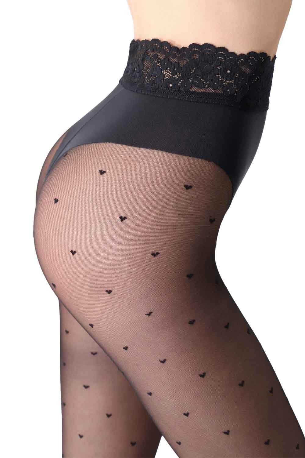 Black tights with heart patterns and lace waistband on a white background
