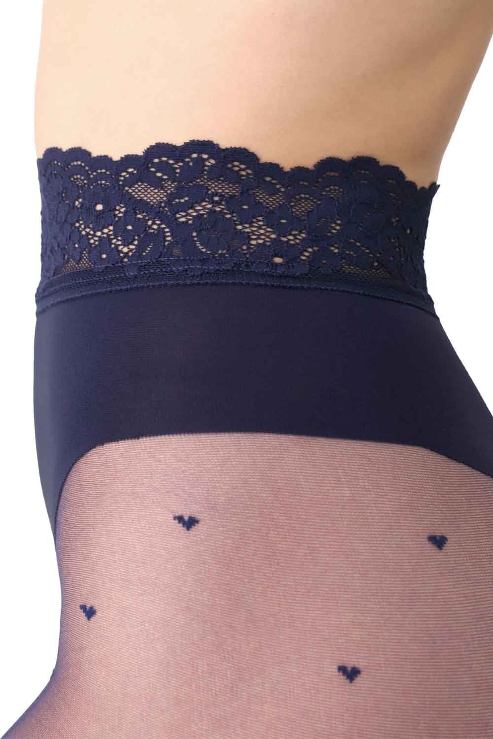 Marine lace-trimmed hosiery with heart details on sheer tights on a whte background
