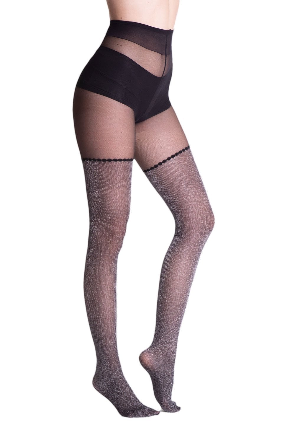 Tobasco sparkly over the knee tights worn with black underwear on a white background