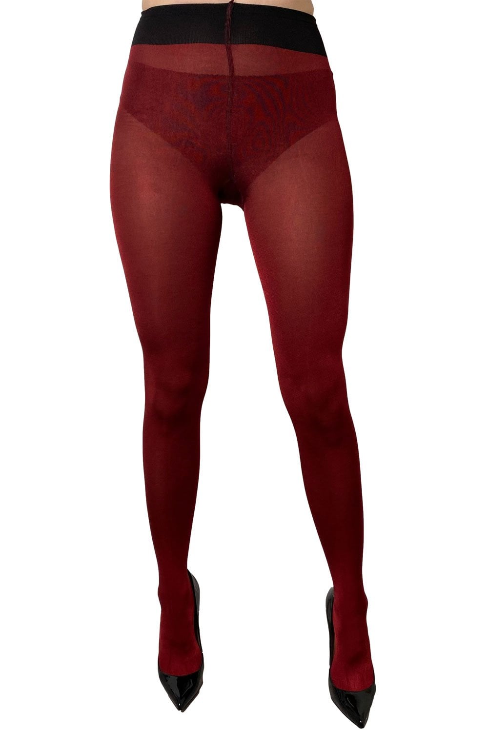Bordaux  tights with black top and shoes on a white background