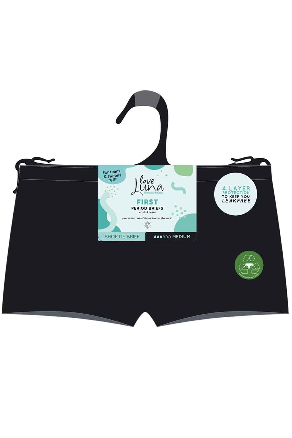 Black first period shortie briefs  with a hanger on a white background