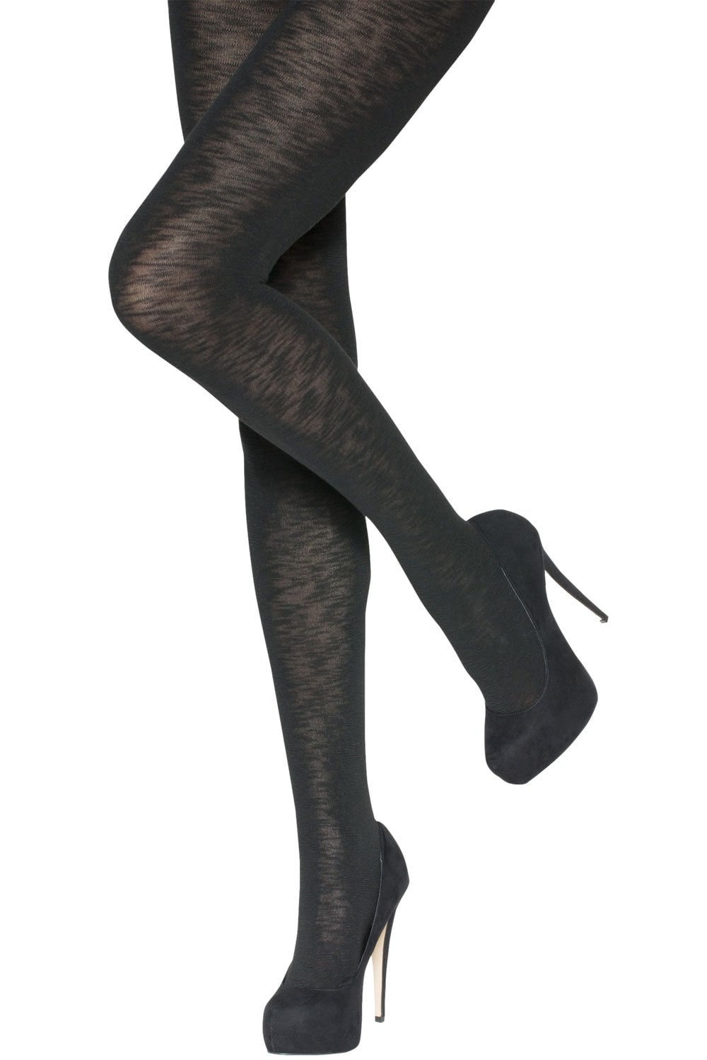 Black textured tights worn with black high-heeled shoes on a white background