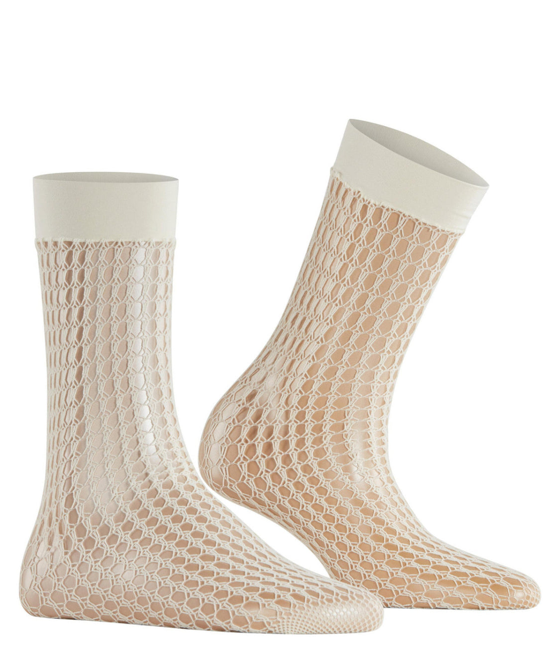 Pair of beige fishnet socks with white cuffs on a white background