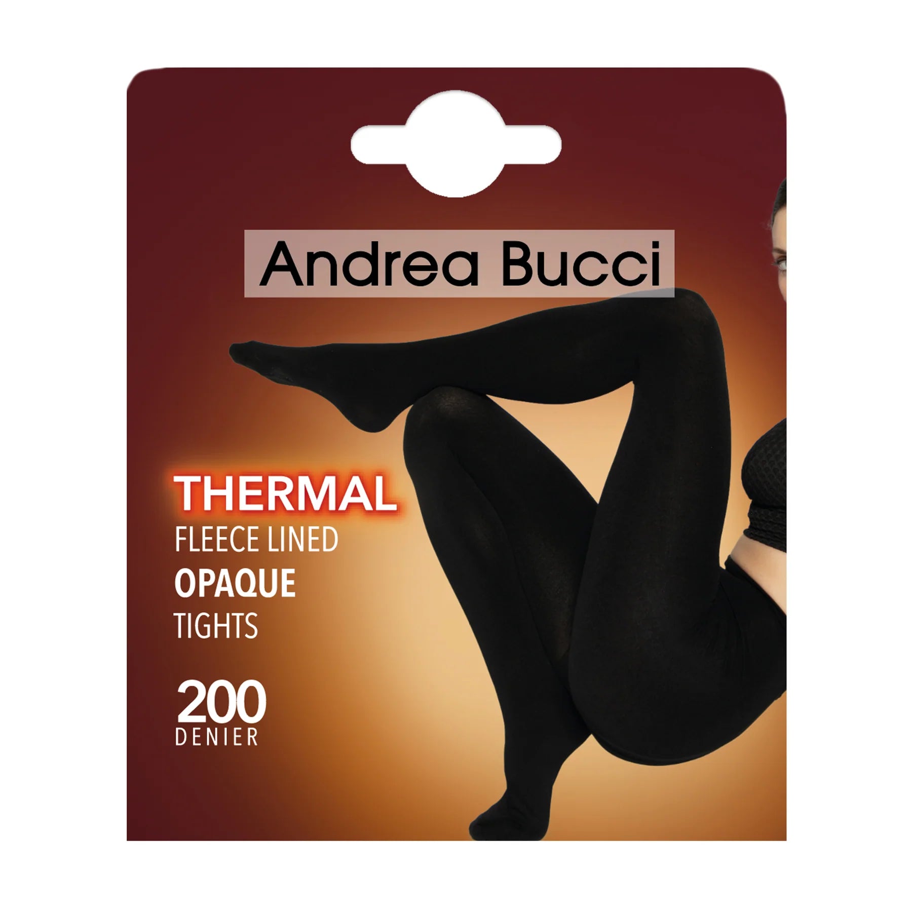 Andrea Bucci thermal fleece-lined opaque tights packaging with a silhouette of a person wearing the tights.
