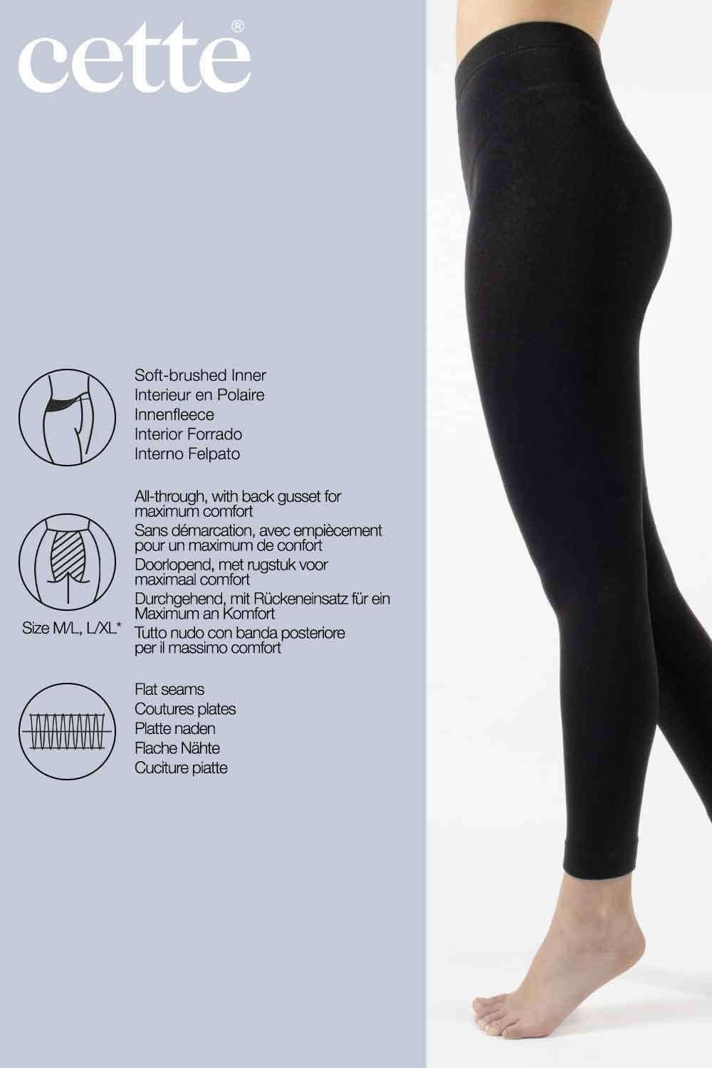 Cette fleece lined footless tights with text on a light blue background